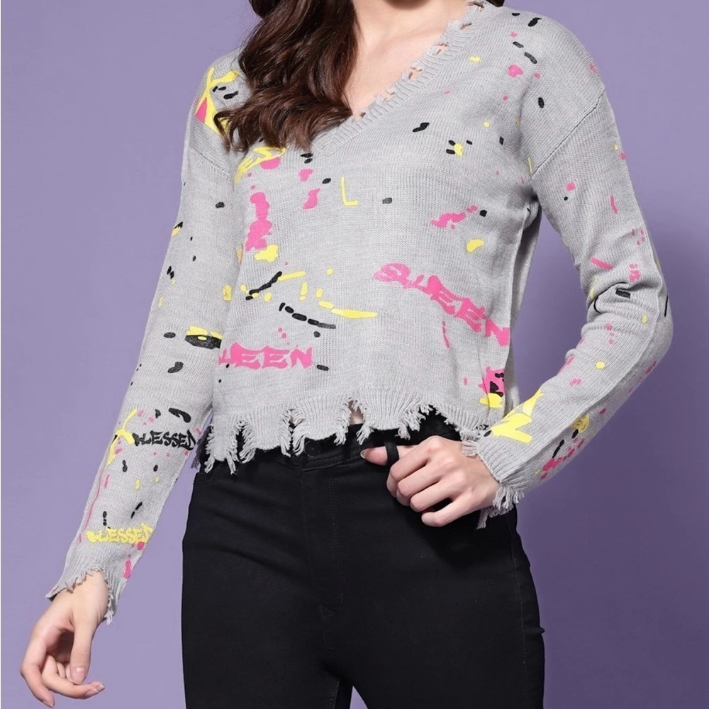 Women's junior TRENDY THREADS knit long sleeve v-neck pullover ripped sweater